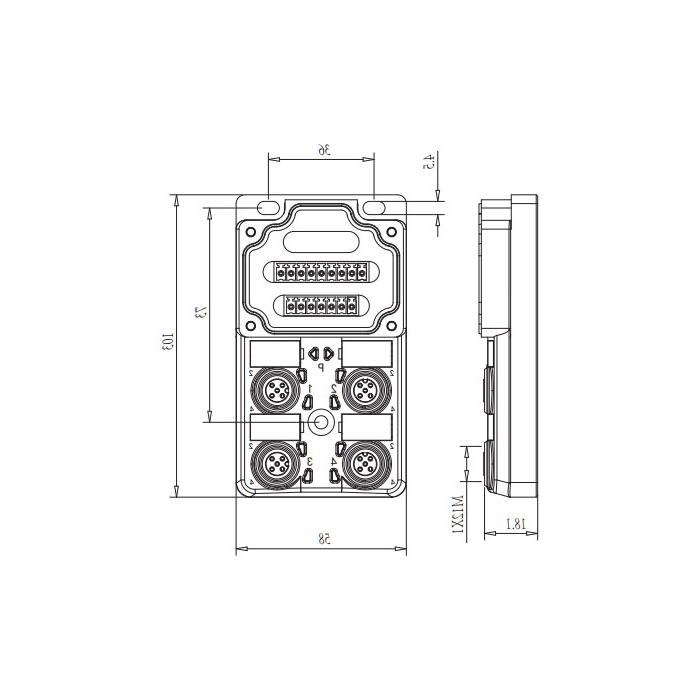 M12分线盒、双通道、NPN、4端口分体式、带LED、PCB端子、24N40G