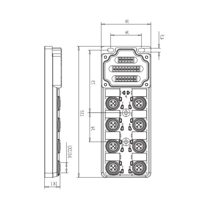 M12分线盒、双通道、NPN、8端口分体式、带LED、PCB端子、24N80N